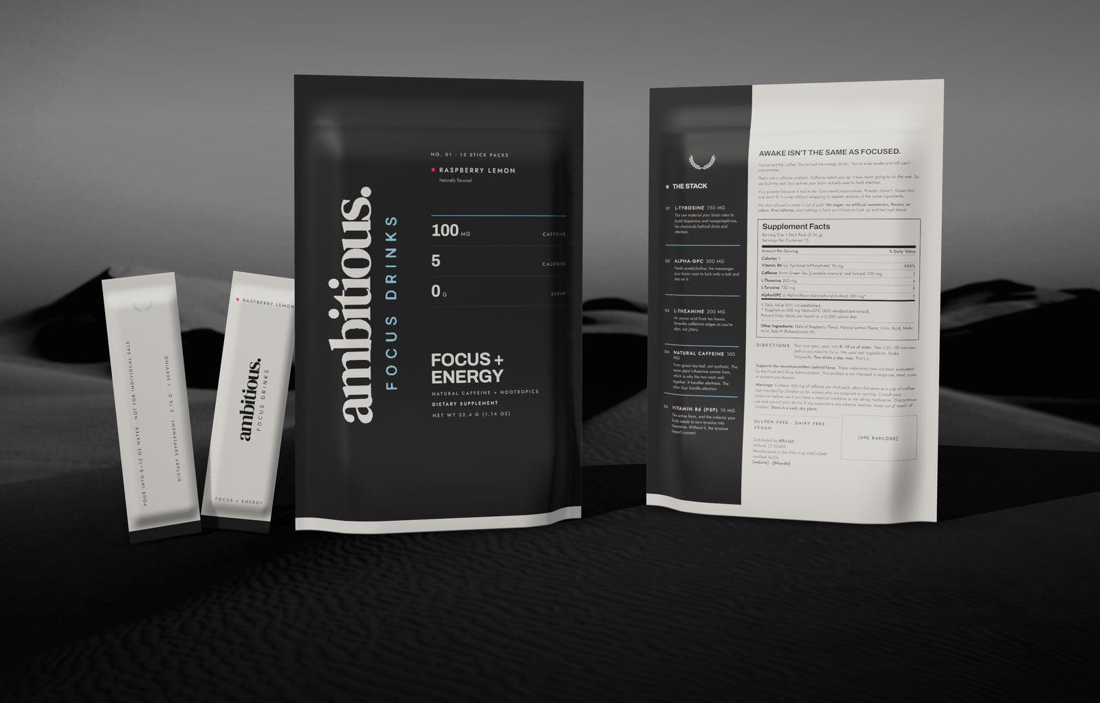 ambitious. Focus + Energy pouch, front and back, with two stick packs