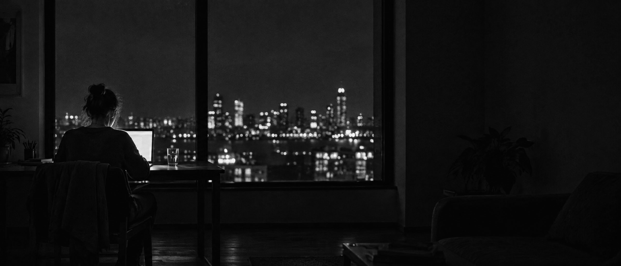 Someone working late at a desk facing a window, city lights outside